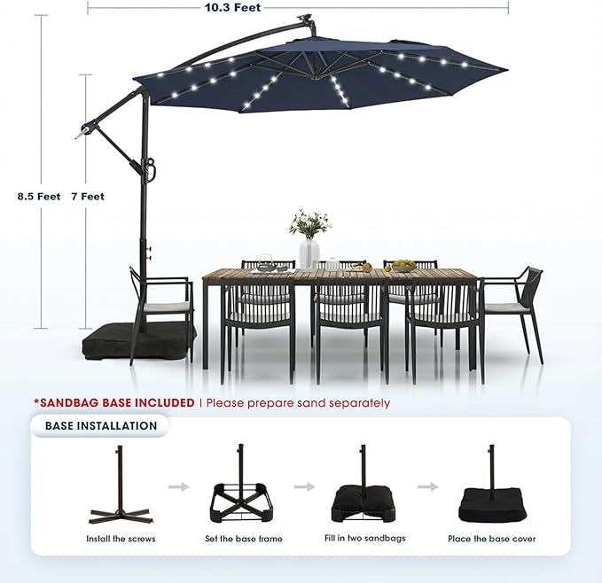 wikiwiki 10ft Solar LED Patio Umbrella with Base Included, Offset Umbrella with Weighted Sandbag Base, Cantilever Patio Umbrella for Backyard, Garden & Deck, 32 LED Lights & Polyester Shade, Navy Blue WikiwikiPatioUmbrellas