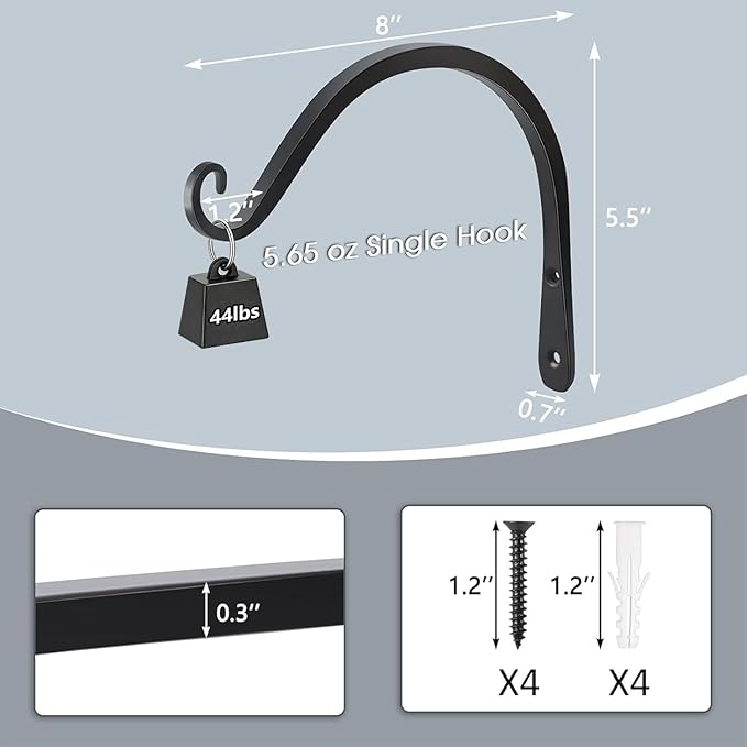Gtongoko 2 Pack 8 Inch Plant Hangers Outdoor Metal, Plant Hooks for Wall Indoor, Outdoor Hooks for Hanging Bird Feeders, Plant Bracket, Lanterns, Wind Chinme, Black Gtongoko