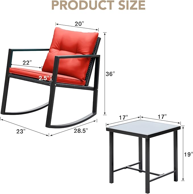 Devoko 3 Piece Rocking Bistro Set Wicker Patio Outdoor Furniture Porch Chairs Conversation Sets with Glass Coffee Table (Red) DEVOKO