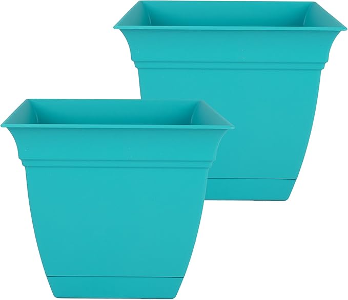 The HC Companies 12 Inch Eclipse Square Planter Pots with Drainage Holes & Attached Saucer, Lightweight UV-Resistant Plastic Indoor Outdoor Planters, 2-Pack Flower Pots for Garden & Home Decor, Teal TheHCCompanies