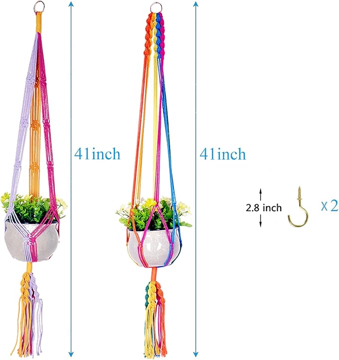 Rainbow Colorful Macrame Plant Hanger with 2 Hooks, Hanging Plant Holder Indoor Outdoor, Handmade Cotton Rope for Boho Room Decor Hanging Ceiling Decor，2 Pack HOWMAX