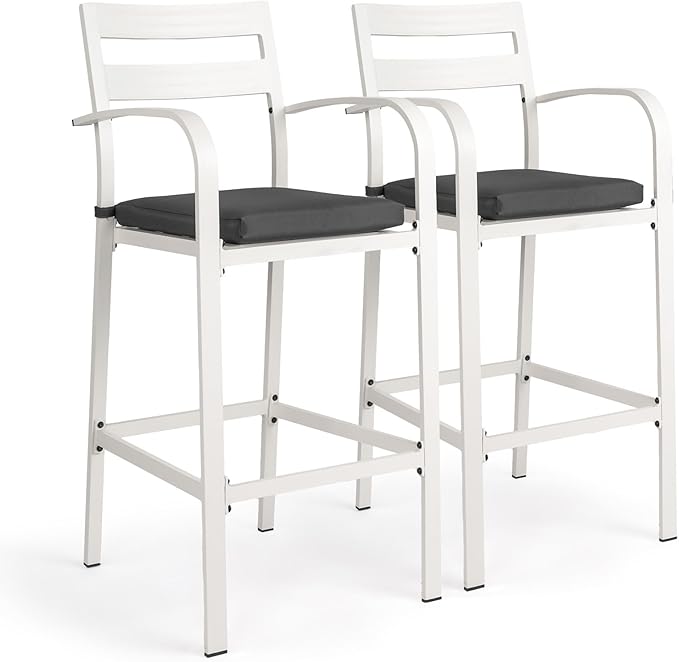 VINGLI Outdoor Bar Stools Set of 2, All-Weather Bar Height Aluminum Stools with 1.6" Thick Cushion, Rust-Proof Patio Chairs for Backyard, Poolside, Balcony & Kitchen Island (White) VINGLI