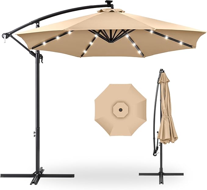 Best Choice Products 10ft Solar LED Offset Cantilever Hanging Market Patio Umbrella, 8 Sturdy Ribs, Easy Adjustment - Sand BestChoiceProducts