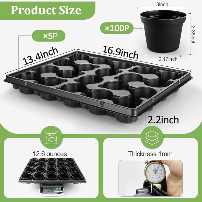 3 Inch Plastic Plant Pots 100 Pcs with 5 Pcs 20 Cell Seed Starter Trays, Thick Black Small Nursery Pots and Propagation Shuttle Trays for Seed Starting, Plant Propagation Starter Kit 5 Sets RooTrimmer