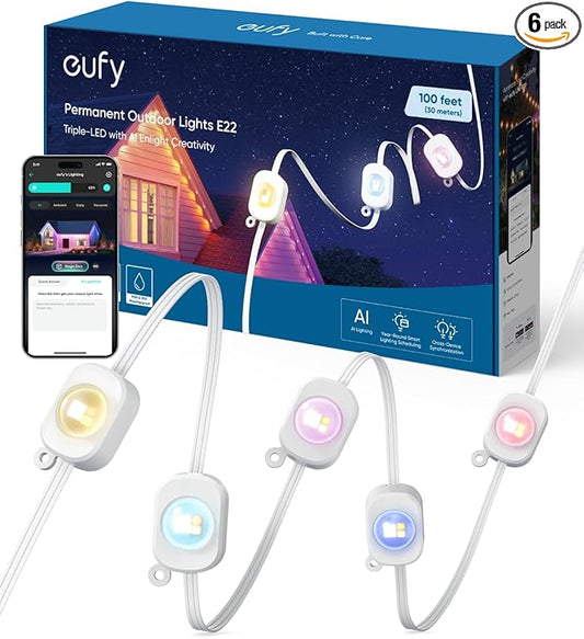 eufy Permanent Outdoor Lights E22, 100ft with 60 Triple-LED Lights, Smart RGBWW for Christmas, Daily and Holiday, Up to IP67 Waterproof, AI Light Themes for Christmas Decorations, Works with eufy Cams eufy