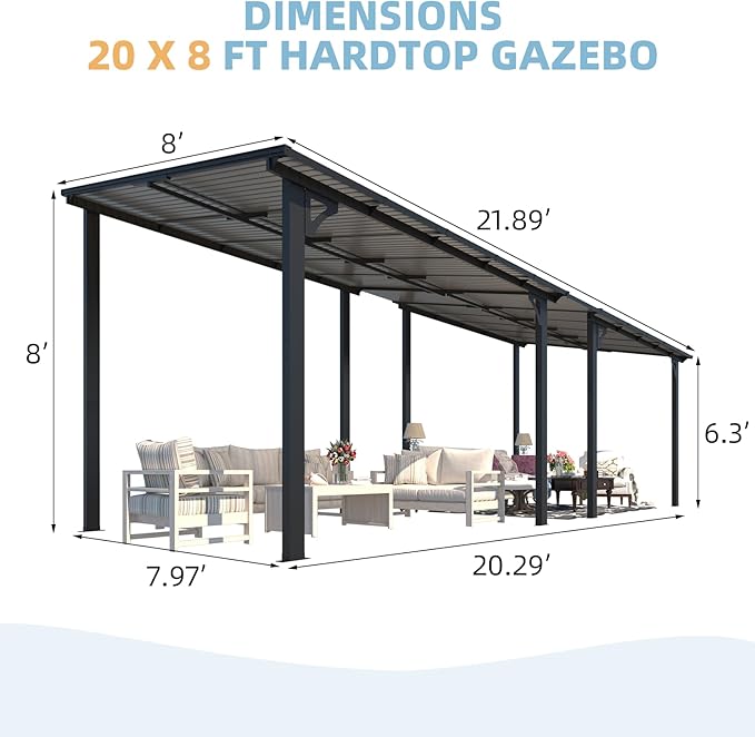 AECOJOY 22' x 8' Gazebo for Patio, Large Wall-Mounted Hard Top Lean-to Gazebo Pergola with Roof 8' x 22' on Clearance, Heavy Duty Patio Awnings for Decks, Backyard AECOJOY