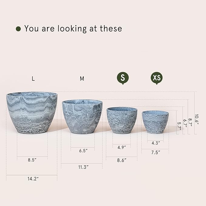 LA JOLIE MUSE Flower Pots Outdoor Garden Planters, Indoor Plant Pots with Drainage Holes, Plastic, Marble Pattern Grey, Set 2 (8.6 + 7.5 Inch) LaJol%C3%ADeMuse