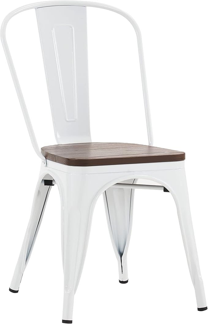 Nazhura Metal Dining Chair Farmhouse Tolix Style for Kitchen Dining Room Café Restaurant Bistro Patio, 18 Inch, Stackable, Waterproof Indoor/Outdoor (Sets of 4) (White with Wood Padding) NazhuraGoodCompanionAtHome