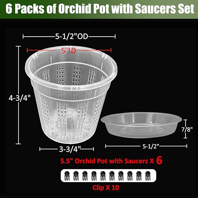 Orchid Pot with Saucers, 6 Packs of 5.5" Orchid Pots with Holes, Orchid Pots for Repotting, Plastic Orchid Planter for Indoor Outdoor Plants (6 Packs, 5.5" with Saucers) HOLANHING