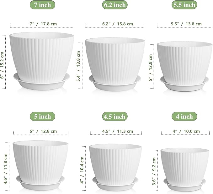 7/6.2/5.5/5/4.5/4 inch Plant Pots, 6 Pack Flower Pots for Small Indoor Outdoor Plants, Plastic Planters with Drainage Holes and Saucers for Garden Succulent House Plants, White Meowell