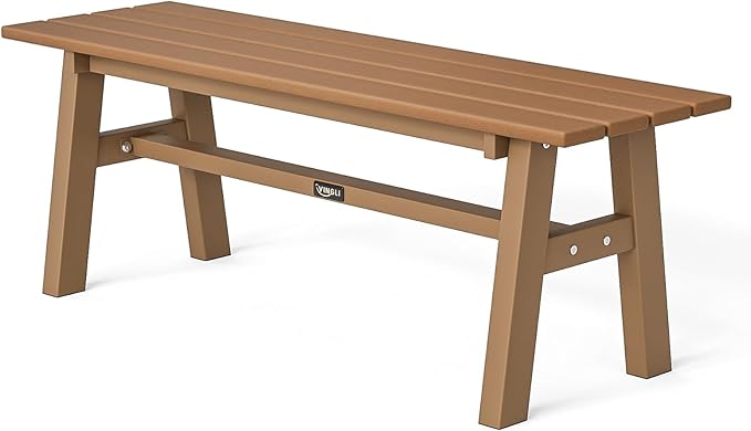 VINGLI 47” Outdoor Bench Garden Bench HDPE Porch Bench w/Metal Legs, Poly Lumber Patio Bench, 660 LBS Capacity Outdoor Backless Bench(Teak) VINGLI