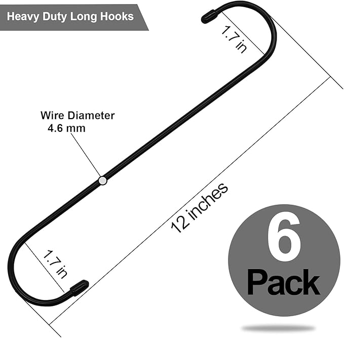 6 Pack 12 inch Extra Large S Hooks Black Heavy Duty Long S Hooks for Hanging Plant Extension Hooks for Kitchenware,Utensils,Pergola,Closet,Flower Basket,Garden,Patio,Indoor Outdoor Uses ESFUN