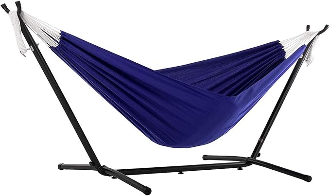 Vivere Double Polyester Hammock with Space Saving Steel Stand and Premium Carry Bag - 450 lb Capacity (Royal Blue) Vivere