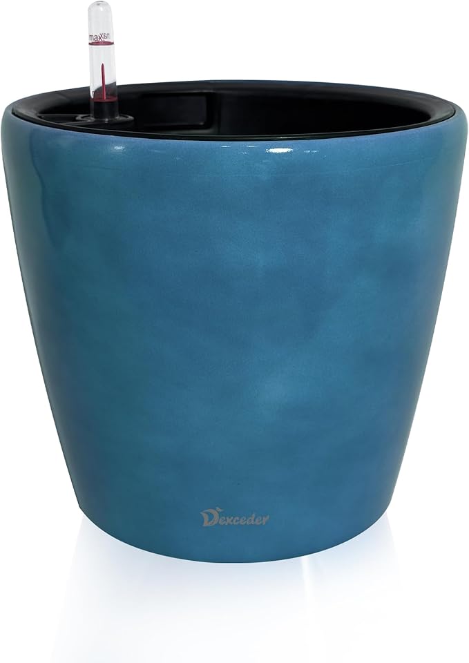 Dexceder 11x10 Inches Self Watering Planter Indoor Outdoor, Inner Pot Design, Thickened Table Flower Plant Pot with Water Level Indicator (Peacock Blue Gradient) Dexceder