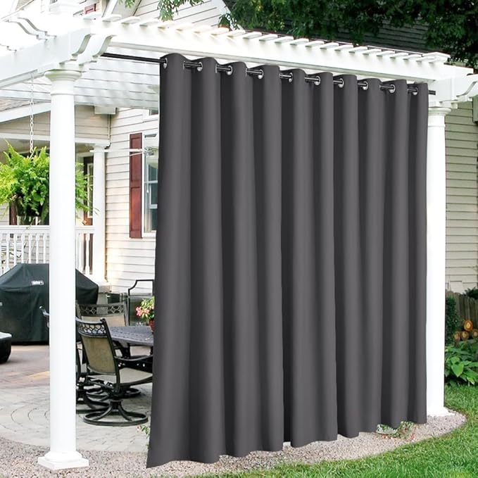 RYB HOME Extra Wide Outdoor Curtains for Patio Waterproof Heavy Duty Thermal Insulated in Summer Full Coverage Privacy for Porch, Cabana & Pool, W150 x L95, Grey, 1 Panel RYBHOME