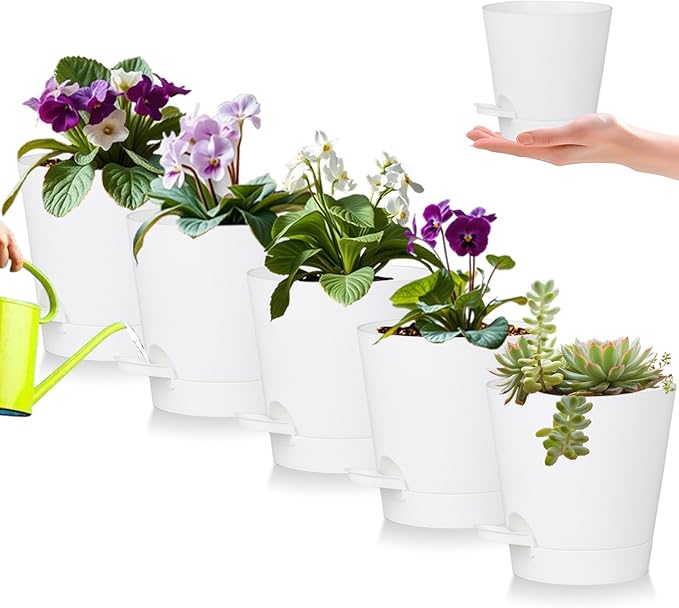 5 Pack 5 inch Self-Watering Pots, African Violets Planter with Drainage Holes and Reservoir, White Plastic Planter for Indoor Outdoor Plants Flowers and Houseplants White, 5 inch 5 pcs zople
