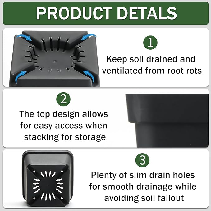 BTPLASTIK Square Nursery Pots 5.5 Inch, 50Pcs Plastic Sturdy Reusable Seedling Pots with Drainage Holes, Garden Flower Planters for Indoor/Outdoor, Transplanting, Succulents, Cuttings, Black BTPLASTIK