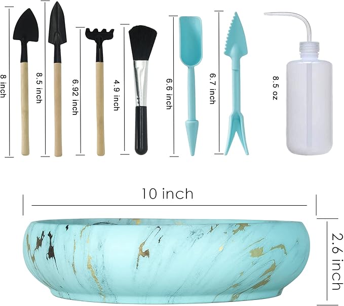 Succulent Pots, 10 Inch Large Succulent Planter Pots with Drainage - Ceramic Marble Bonsai Pot with Stand Shallow Planter for Cactus Flower Plants Plus Succulent Planting Tools Set & 2.2lb Mix Pebbles ARTKETTY