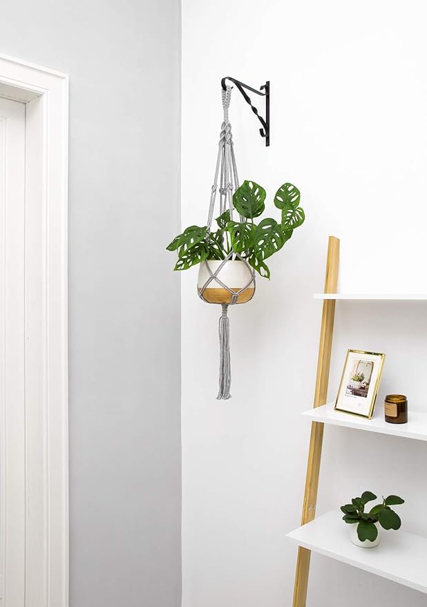 Mkono Macrame Plant Hangers Indoor Outdoor Hanging Planter Basket Cotton Rope 4 Legs 41 Inch, 1 Pack, Grey Mkono
