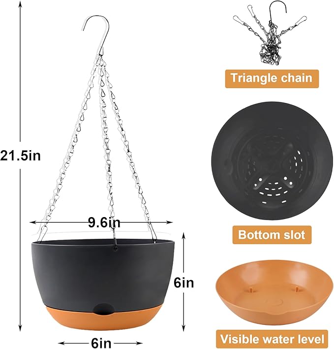 10 inch Plant Pot Hanging Planters Self Watering Pots for Indoor Plants, 3 Pack Plastic Hanging Basket with Removable Tray for Home Garden Porch Balcony Patio Decor(Black) KPUVX