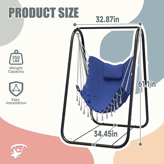 G TALECO GEAR Hammock Chair with Stand,Heavy-Duty and Rustproof Hanging Chair with Stand,Hammock Swing Chair Stand,for Indoor Outdoor Patio Yard Garden Porch (Blue) TalecoGear