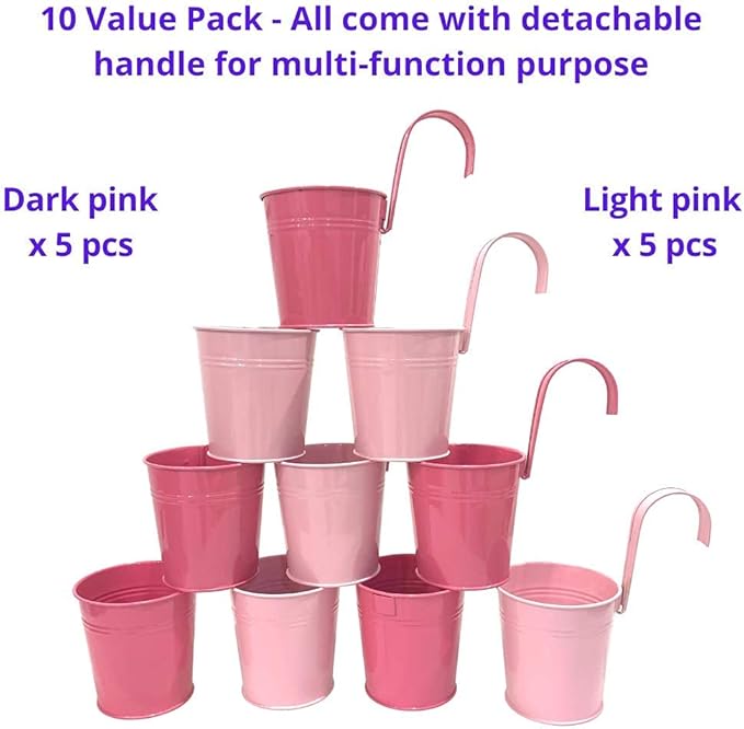 LaLaGreen Railing Planters Outdoor -10 Pack, 4 Inch Metal Hanging Flower Bucket, Small Pink Plant Pot Succulent Indoor Patio Fence Planter Box Balcony Garden Wall Decor Rail Deck Macetas Decorativas L%C3%A1L%C3%A1Green