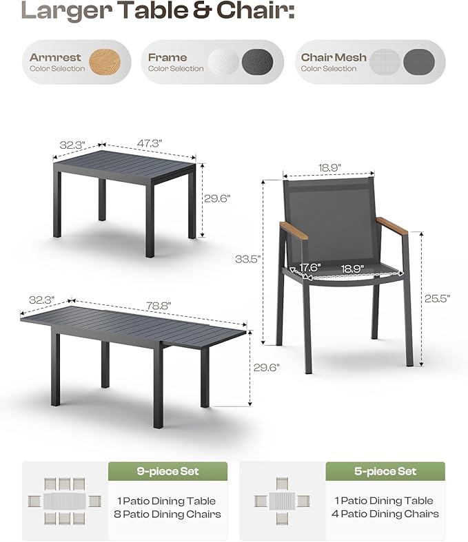 Expandable Outdoor Patio Dining Table Set for 6-8 Person, Aluminum Outdoor Table and 8 Chairs with Textilene Fabric & HDPS Armrest, All-Weather Patio Furniture Set for Yard, Deck, Gray Oasbira