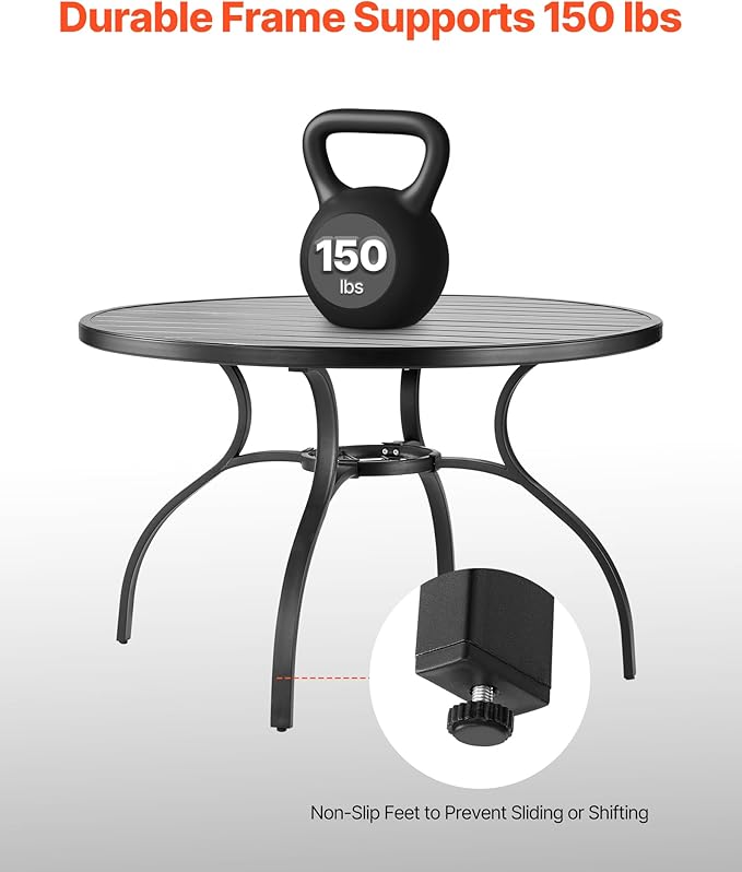 VEVOR Outdoor Patio Dining Table, 47 inch Round Metal Steel Slat Backyard Bistro Tables, with 1.5 in Umbrella Hole, Outside All-Weather Large Furniture for Lawn Garden Porch, Black VEVOR