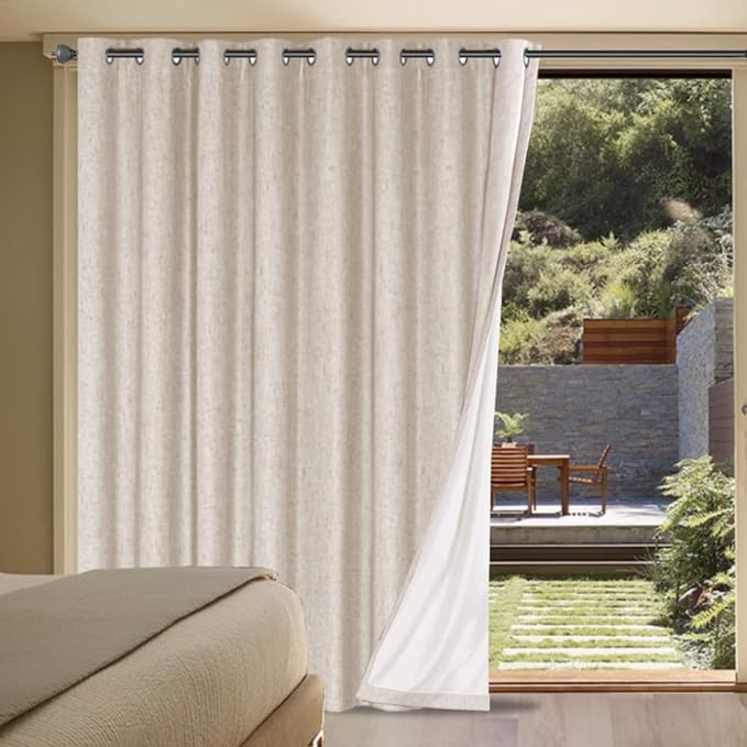 H.VERSAILTEX Linen Blackout Curtains Durable Thick Textured Linen Look 100% Blackout Patio Door Curtain Anti Rust Grommet Extra Wide Sliding Door Curtain Panel, Natural，W100 x L108 inch HVERSAILTEX