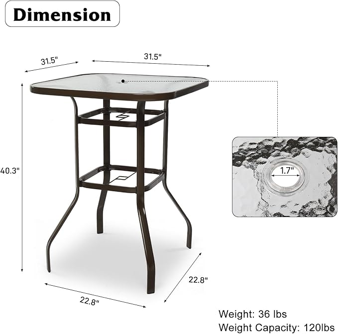 VINGLI Outdoor Bar Table with Umbrella Hole, Metal Patio Bar Height Pub Table for Patio High Top (Brown) VINGLI