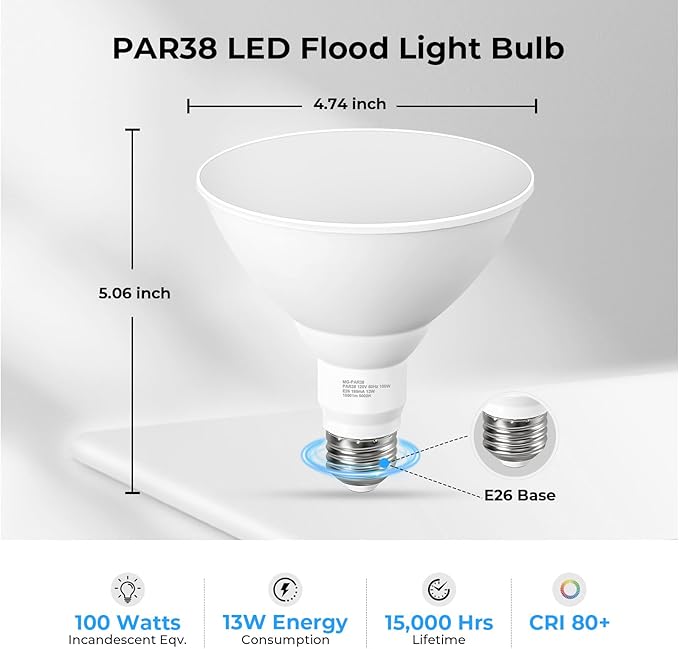 10 Pack PAR38 LED Outdoor Flood Light Bulbs, 100W Equivalent, 5000K Daylight White, Dimmable Waterproof LED Floodlight for Porch Yard Garage, E26 Base 1050LM, 13W, 15,000 Hrs GvvooHome
