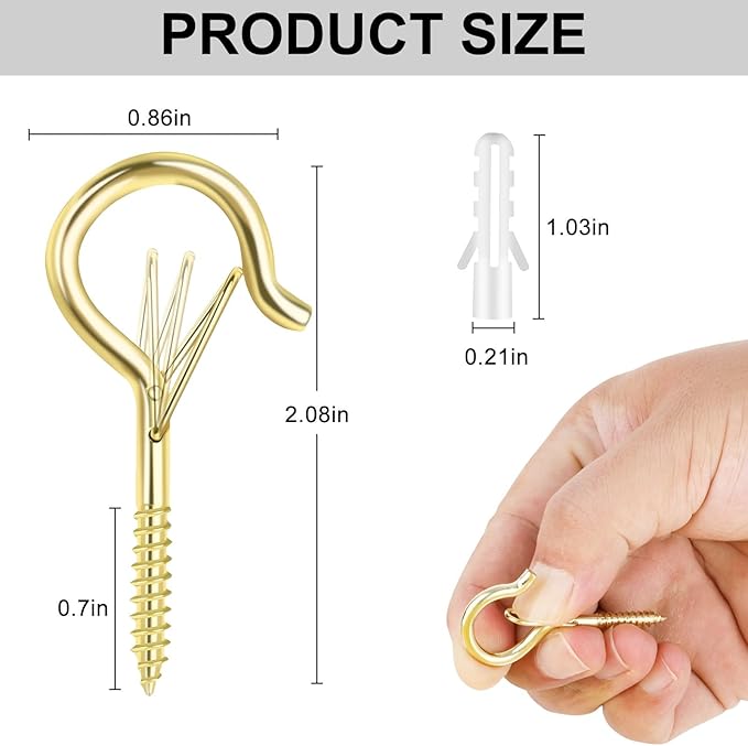 12 PCS Q-Hanger Hooks, Screw Hooks for Outdoor String Lights, Safety Buckle Design Cup Eye Hook for Hanging Christmas Lights, Plants, Wind Chimes, Mounted on Wall Ceiling, Windproof, Gold FSAH