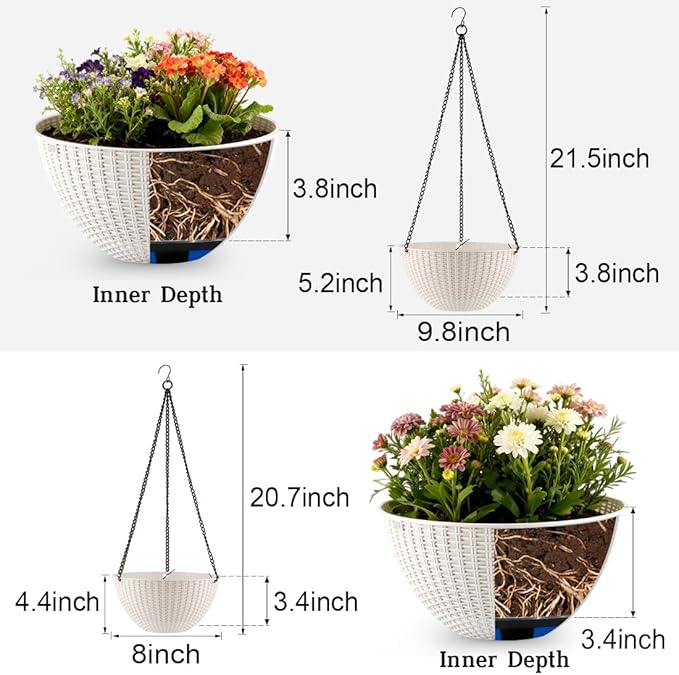 Hanging Planters for Indoor Outdoor Plants 8 and 10 Inch, 4 Packs Hanging Flower Pot with Drainage Holes, Self-Watering Hanging Basket Perfect for Home, Office and Garden, White RooTrimmer