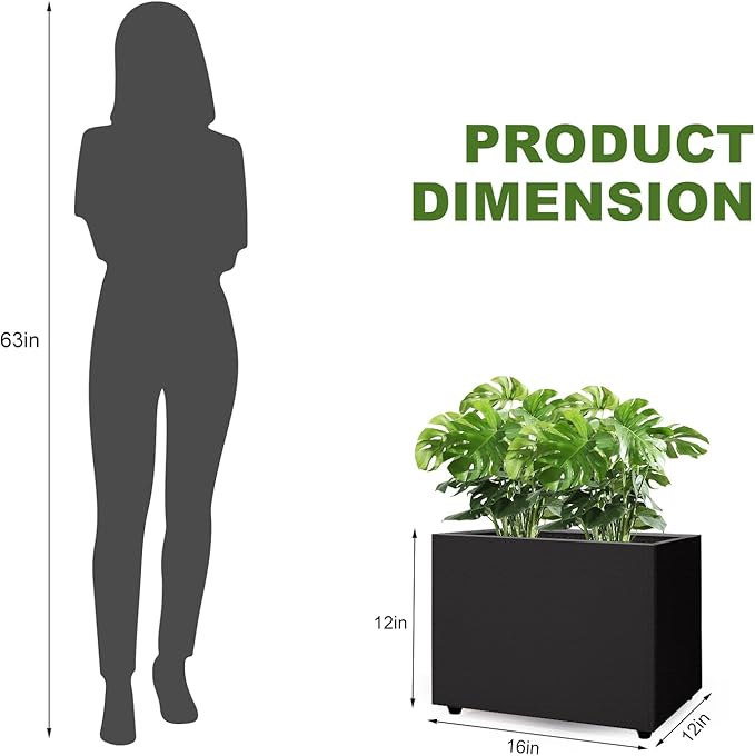 Planter Box Rectangular Block - 16×12×12IN Galvanized Steel Metal Long Box Planter Easy Installation Modern Outdoor Tall Planters All-Weather Use with Drainage Holes for Patio/Porch(Black) Zezgeuro