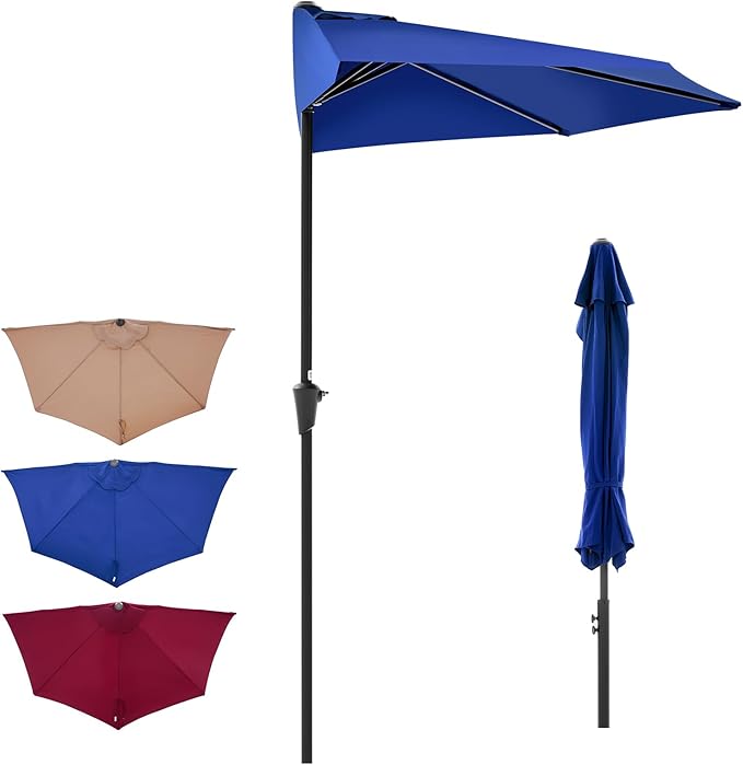 OLIXIS Half 9Ft Umbrella Outdoor Patio, Scalloped Patio Umbrella with Easy Crank, Sun Half Patio Umbrella for Balcony, Market, Garden, Blue OLIXIS