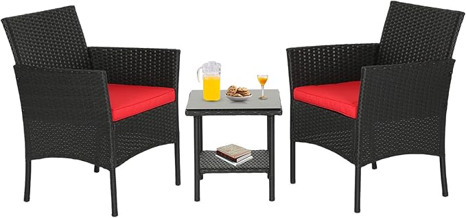 FDW | 3-Piece Patio Furniture Set | Black & Red | Outdoor Wicker Furniture with Coffee Table | Modern Rattan Chairs Conversation Set | Outdoor Seating | Weather-Resistant | for Porch, Garden, Lawn FDW