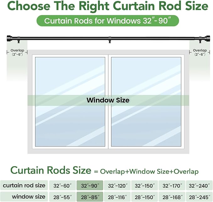 Time Forest Black Curtain Rods for Windows 48 to 84 Inch (4-7 Feet), 1 Inch Diameter Adjustable Heavy Duty Curtain Rod, Modern Style Indoor Outdoor Window Drapery Rods with End Caps, Size 32"- 90" TimeForest