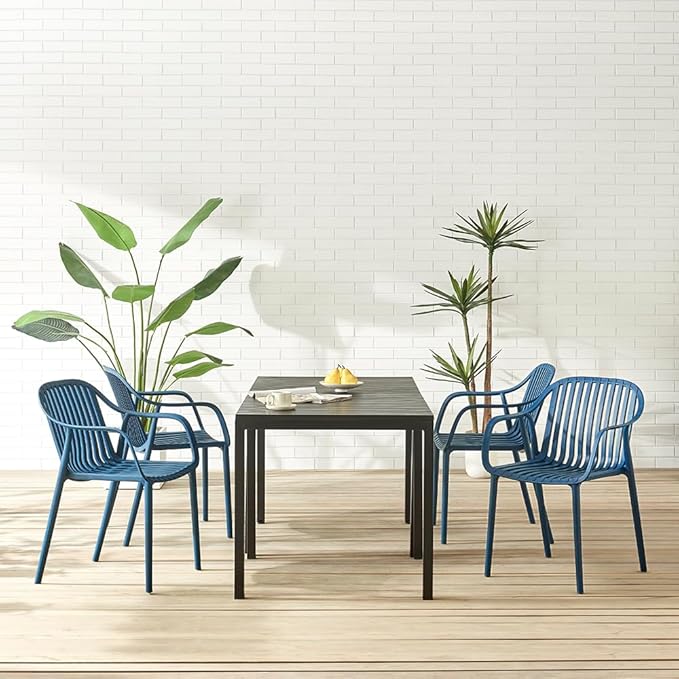 Modern Stackable Outdoor & Indoor Plastic Dining Chairs Set, Armchairs Set, Weather-Resistant, Ideal for Patios, Cafes, and Home Use, Set of 4 (Blue) XDECO