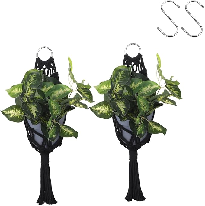Artilady 2 Pack Black Macrame Plant Hanger Indoor - Large Hanging Planters for Wall Plants Holder Short Hademade Boho Farmhouse Rustic Home Decor (Black Plant Hanger-2pcs) Artilady