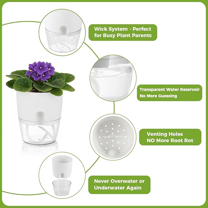 8 Pack Self Watering Pots for Indoor Plants, PlanterHoma 3.2 Inch Plant Pot Plastic Self Watering Planter for Orchid, African Violet, Mini Clear Flower Pots with Drainage Holes and Wicking Rope, White Planterhoma