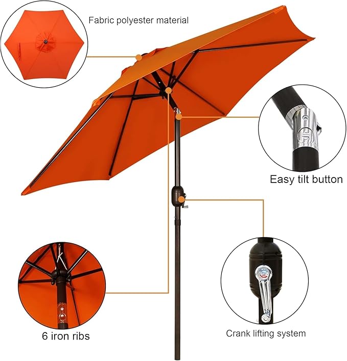 Blissun 7.5 ft Patio Umbrella, Yard Umbrella, Outdoor Market Umbrella with Push Button Tilt Crank, Orange Blissun