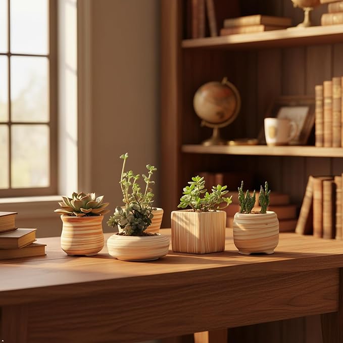 Sun-E 6 in Set 7.6 cm Ceramic Wooden Pattern Succulent Plant Pot Cactus Plant Pot Flower Pot Container Planter Gift Idea SUN-E+SE