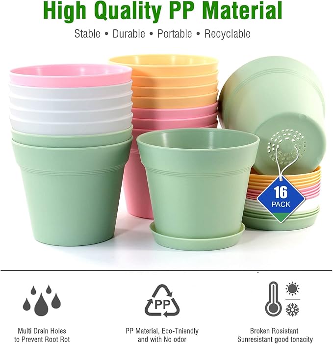WOUSIWER 16 Pack 6 inch Plastic Planters, Indoor Flower Pots, Heavy Duty and Stylish 6 Inch Plant Pots for Indoor Plants with Drainage Holes and Tray for Plants, Flowers, Colorful WOUSIWER