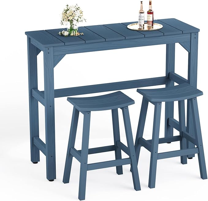 Stoog All-Weather Patio Bar Set, 3-Pieces Outdoor Bar Table and Stools Set, Counter Height Bar Stools Set of 2, Low Maintenance, for Backyard, Garden, Balcony, and Deck, Blue Stoog