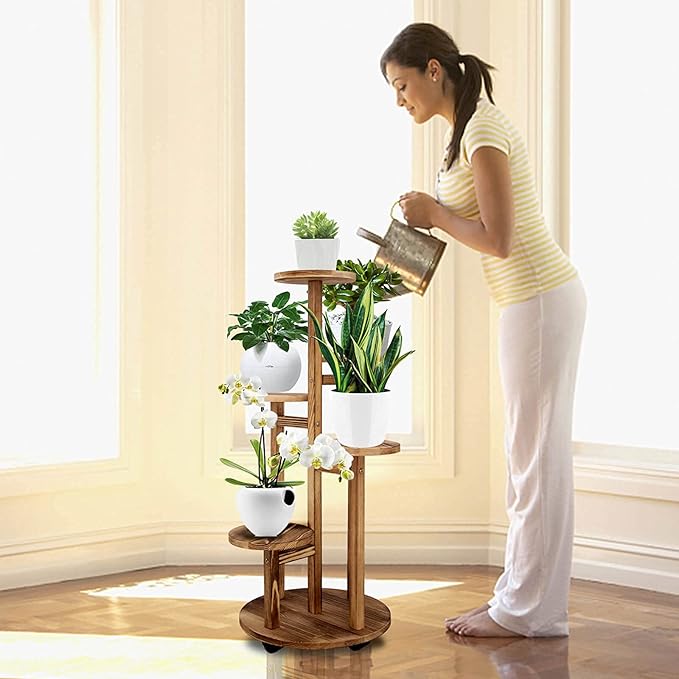 GEEBOBO 5 Tiered Tall Plant Stand for Indoor, Wood Plant Shelf Corner Display Rack, Multi-tier Planter Pot Holder Flower Stand for Living Room Balcony Garden Patio (Walnut) GEEBOBO