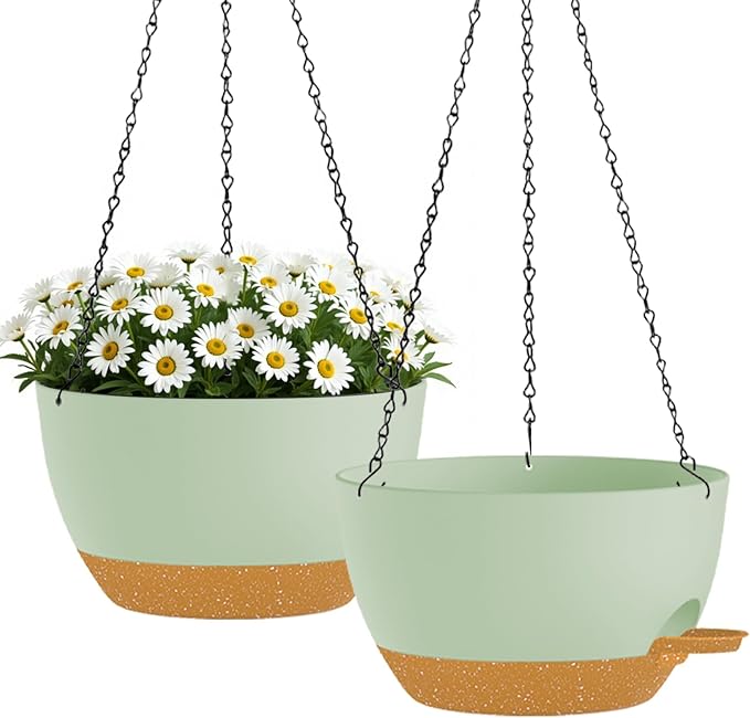 2 Pack 10 Inch Self Watering Hanging Planters for Indoor Plants, Large Green Brown Plastic Hanging Pots with Chains for Outdoor Patio Garden Home Decor (Green Brown) zople
