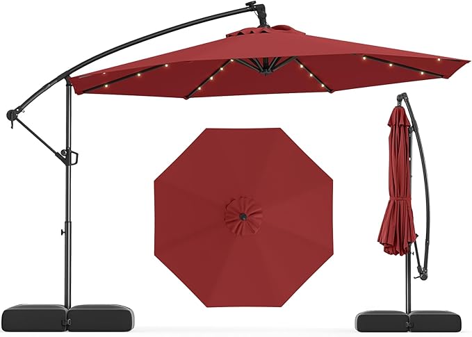 Tangkula 10ft Solar LED Patio Umbrella with Base, Offset Cantilever Outdoor Umbrella with 32 LED Lights, Infinite Tilt, 360 Degree Rotation, Crank Handle for Pool Deck Garden Backyard (Wine) TANGKULA