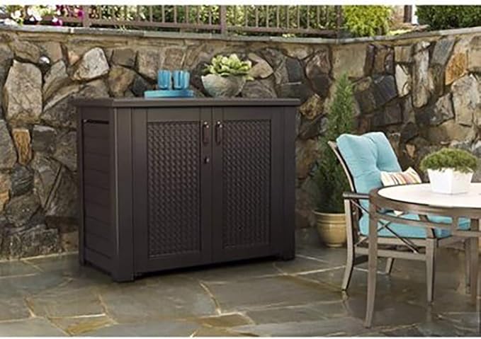 Rubbermaid Decorative Outdoor Storage Cabinet (123 Gal), Weather Resistant, Brown, Organization for Home/Backyard/Pool Chemicals/Toys/Garden Tools/Porch/Patio Cushions Rubbermaid