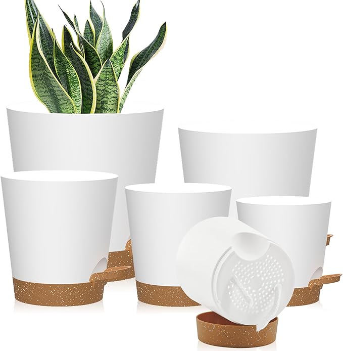 Self Watering Pots, 7/6.5/6/5.5/5/4 inch Flower Pots with Multi Mesh Drainage Holes, Small Platic Planters for Indoor Outdoor Garden Plants and Flowers (Whtie with Brown Tray, 7"+6.5"+6"+5.5"+5"+4") Rootora