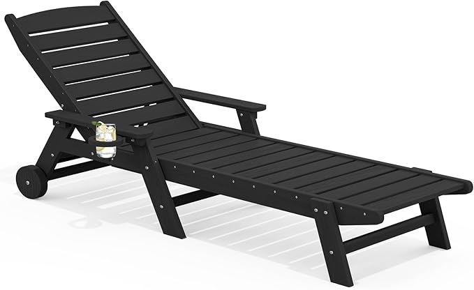 SERWALL Patio Chaise Lounge Chair, 78'' Long HDPE 5 Positions Adjustable Outdoor Lounger, Poly Lounge Chair with Rolling Wheels & Cup Holder for Pool, Obsidian Black SERWALL